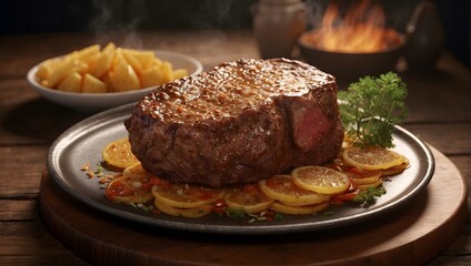 delicious fried meat steak on a wooden plate