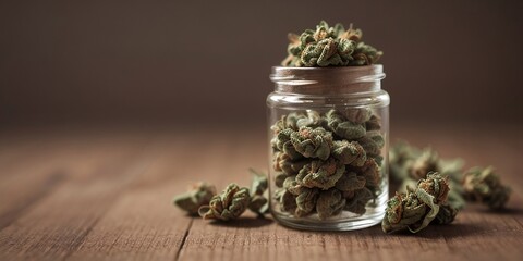 Dried cannabis buds in a glass bottle on a wooden table with copy space