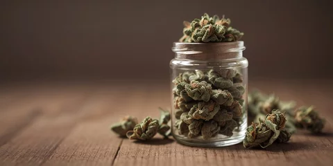 Foto op Aluminium Dried cannabis buds in a glass bottle on a wooden table with copy space © PNG&Background Image