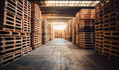 A Warehouse Filled With Stacks of Wooden Pallets