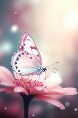 Obraz premium Delicate butterfly with soft pink wings rests on a flower, captured in a serene, high-detail macro photograph.