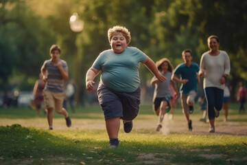 Exuberant young boy leads playtime race in park, showing movement and childhood joy. - obrazy, fototapety, plakaty