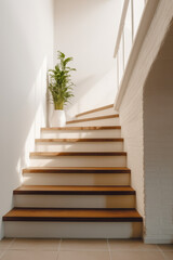 Warm wood steps contrast against white risers beside a lush potted plant in a well-lit,...