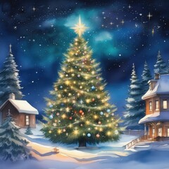 A Christmas tree against a starry sky