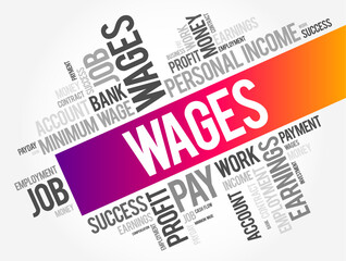 Wages - payment made by an employer to an employee for work done in a specific period of time, word cloud concept background