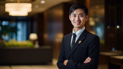 ホテルで働くアジア人男性