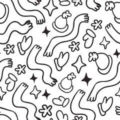 seamless pattern of scarves and hats in doodle style. template for print, background, wallpaper, fabric, coloring, header, article, children's book, toy, decoration.