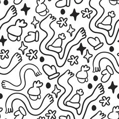 seamless pattern of scarves and hats in doodle style. template for print, background, wallpaper, fabric, coloring, header, article, children's book, toy, decoration.