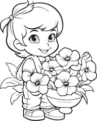 Girl with coloring flower coloring page design. Line art coloring book page design 