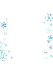 winter snow with blue snowflakes on a white background. Festive Christmas banner, New Year card. Symbols of frosty winter. Vector illustration.