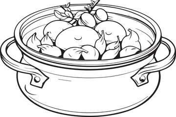 Illustration of a pot with vegetables and a spoon line art coloring page design