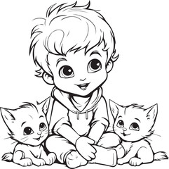 An Innocent boy with two cat coloring book page designs. Outline cute boy with pets coloring page design. 