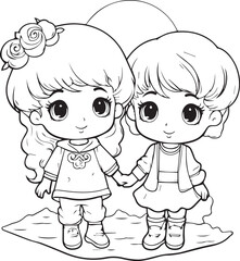 Pair Of Girl Coloring Book Page Design for Kids. Two Girl Line art coloring page design