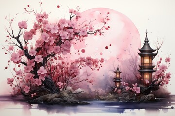 A soft and dreamy watercolor background incorporating elements like cherry blossoms, lanterns, and traditional patterns, suitable for a range of design applications.