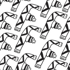 seamless pattern of scarves and hats in doodle style. template for print, background, wallpaper, fabric, coloring, header, article, children's book, toy, decoration. English alphabet made from scarves