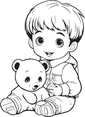 Baby child with teddy bear line art coloring book page design.