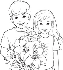 Parents with a bouquet of Hibiscus Flower outline coloring page design.