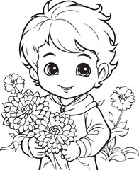 A child with a bouquet of Dahlia flower lineart outline coloring book page design