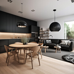 interior, design, scandinavian, black sofa, a combined living room and kitchen, wood round table and black chairs