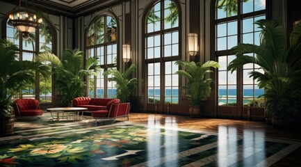 Luxurious hotel lobby with tropical baroque style. Polished wooden floor, large windows, and ornate details. Shiny, glossy, and reflective surfaces. Subdued tonalist art with atmospheric depth