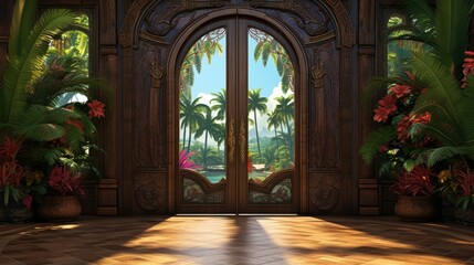 Obraz na płótnie Canvas An image showcasing antique doors in a tropical landscape with vibrant colors, intricate woodwork, and lush flora. Hanging vines, palm fronds, and ferns add to the serene ambiance