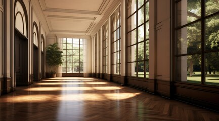Spacious hallway with wooden floors, expansive windows, and natural light. Tropical landscapes outside create a serene ambiance. Grid-like structure with sharp, clean lines and a polished finish