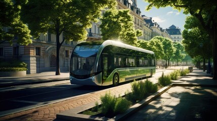 Naklejka premium A sharp-focus, hyper-realistic image of a green city bus on an urban street. Capturing the naturalistic style of city life and sustainable transportation. Electric bus