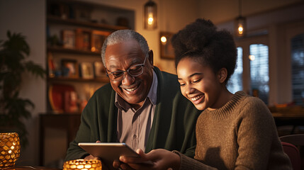 A candid portrait of a smiling elderly man studying a game on a smartphone for the first time and a little grandson helps him figure out the game - obrazy, fototapety, plakaty