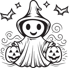 Halloween Ghost with Pumpkin Line art coloring book page design