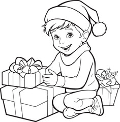 Cute Boy with gift box in Christmas Line art coloring book page design