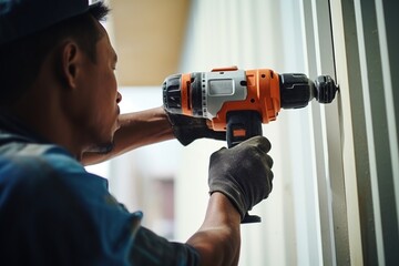 Construction worker drilling a white wall with a drill