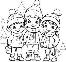 Christmas Children Line art coloring book page design