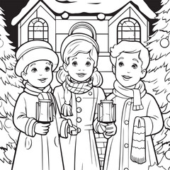 Three Girl in Front of a House Line art coloring book page design