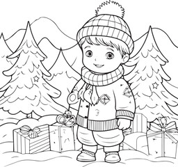 Line art winter boy  with coloring book page design