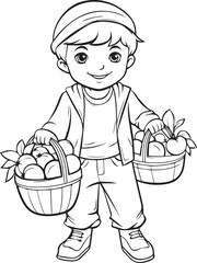 A child with a basket of fruits Line art coloring book page design