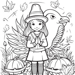 Girl with a bouquet Line art coloring book page design