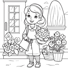 Girl in the Garden with flowers Line art coloring book page design