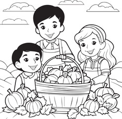 Sibling with pumpkin in a basket Line art coloring book page design