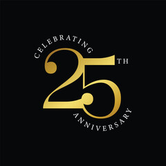 Celebrating 25 years anniversary golden color logo, sticker, label, banner, poster, greeting card vector illustration. 25 Th anniversary celebration template on black background.