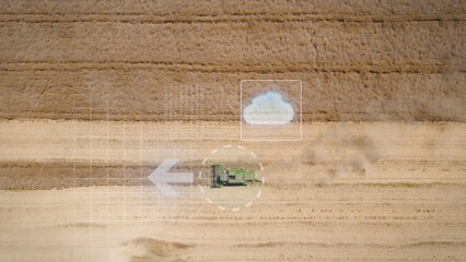 Autonomous combine harvester collecting wheat data to cloud - 3D graphics