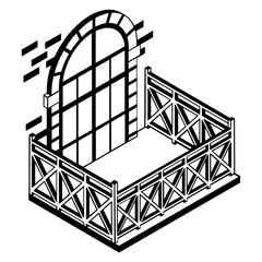 Empire Style Window isometric Concept, Top Half Moon with grill Vector Icon Design, balcony and window front view symbol, House exterior  idea with vintage and classic balconies facade illustration