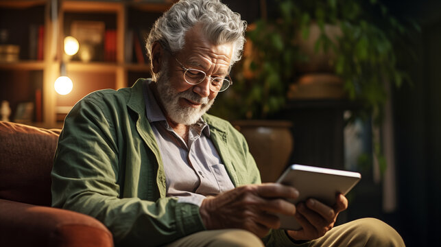 A candid portrait of an elderly man studying a life insurance application on a smartphone for the first time. Concept of active age