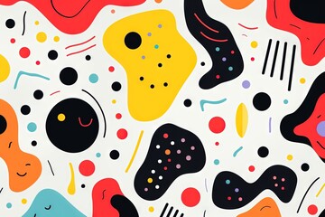 Children's cartoon abstract minimalist backdrop doodle drawing pattern with lines and geometric shapes. Fun, trendy colorful simple background, wallpaper texture design for kids. Generative AI, AI