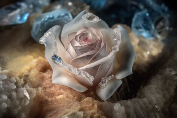 Unreal magical fantasy rose made from crystal quartz, crystalline petals and surrounded by other gemstones - precious and unique, unobtainable beauty concept - pretty beyond measure.  