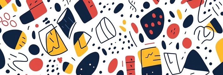 Children's cartoon abstract minimalist backdrop doodle drawing pattern with lines and geometric shapes. Fun, trendy colorful simple background, wallpaper texture design for kids. Generative AI, AI