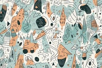 Naklejka premium Children's cartoon abstract minimalist backdrop doodle drawing pattern with lines and geometric shapes. Fun, trendy colorful simple background, wallpaper texture design for kids. Generative AI, AI