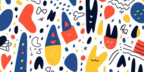 Children's cartoon abstract minimalist backdrop doodle drawing pattern with lines and geometric shapes. Fun, trendy colorful simple background, wallpaper texture design for kids. Generative AI, AI