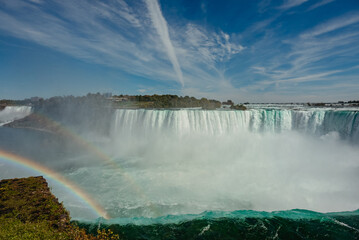 rainbow over Niagara Falls with blue sky and clouds