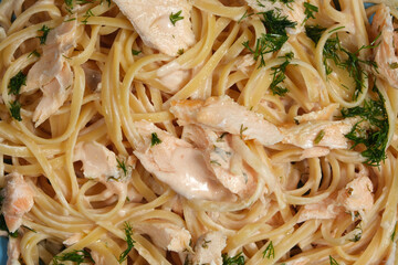 Creamy Salmon Pasta. Overhead view.