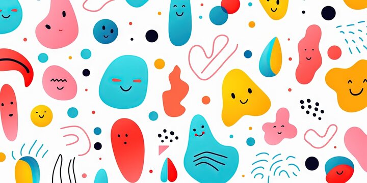 Children's cartoon abstract minimalist backdrop doodle drawing with lines and geometric shapes. Fun, trendy colorful simple background, wallpaper texture design for kids. Generative AI, AI